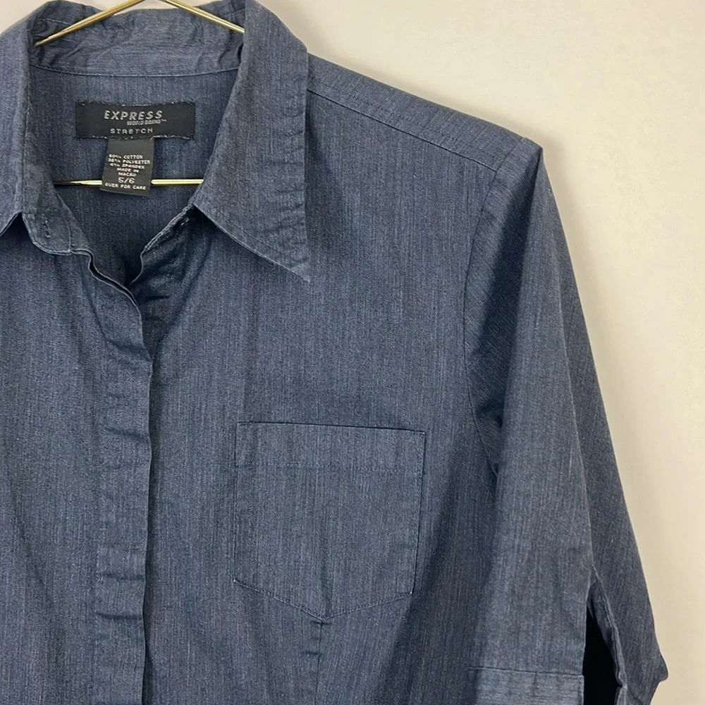 Express Stretch Dark Blue Denim 1-2 Sleeve Top Sz 5/6 - Picture 6 of 11